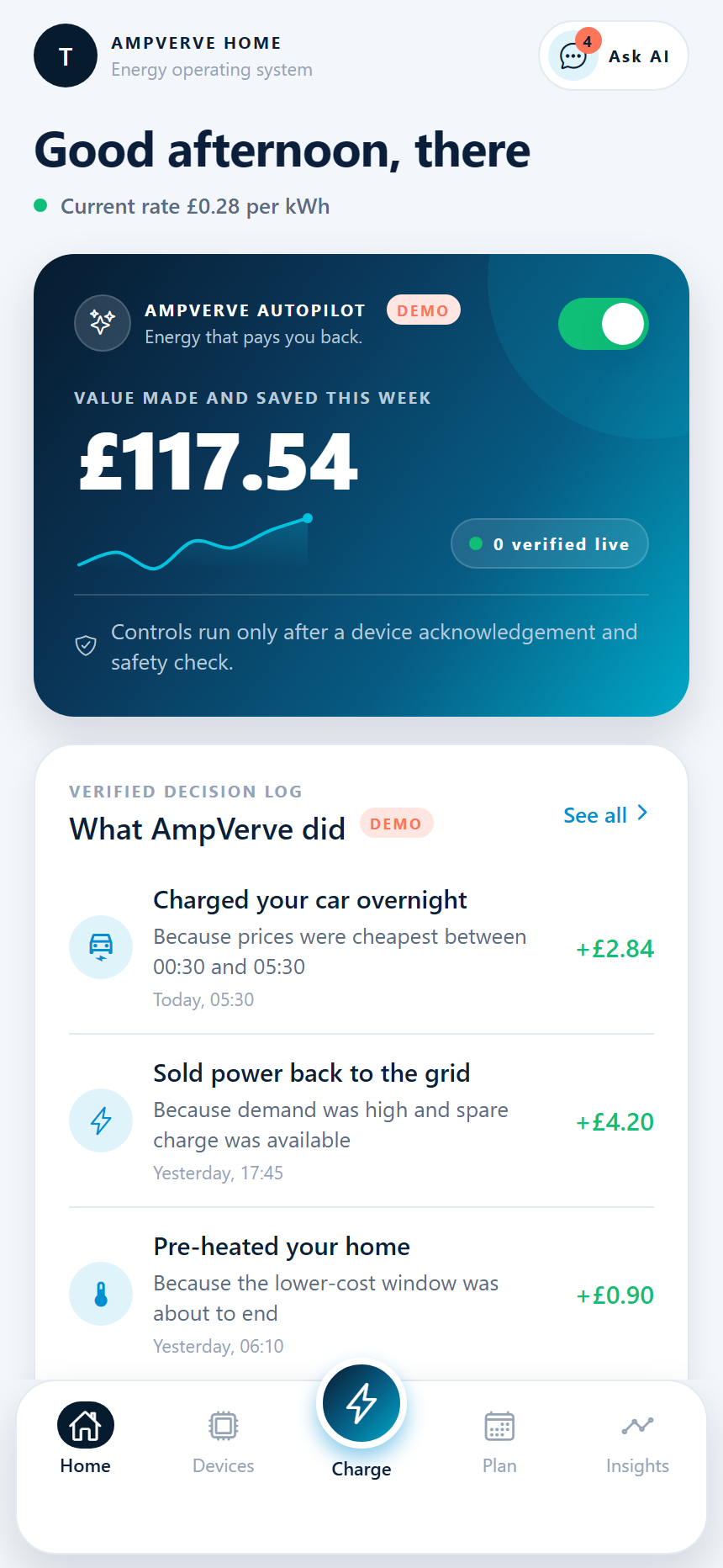 AmpVerve app, Autopilot home screen